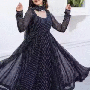Elegant Black Georgette Anarkali Gown With Dupatta (No Pant)