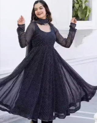 Elegant Black Georgette Anarkali Gown With Dupatta (No Pant)